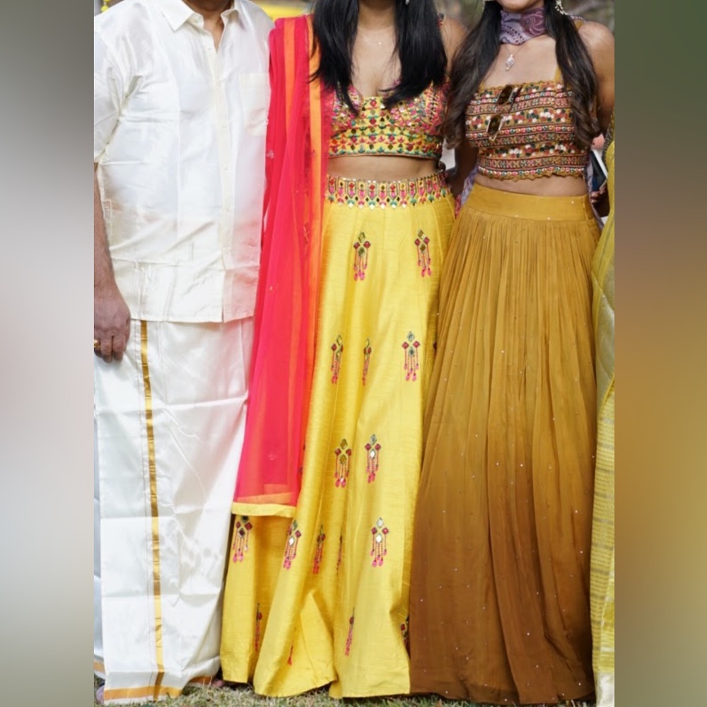 Yellow and pink raw silk lehenga